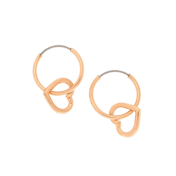 Rose Gold 12MM Heart Charm Hoop Earrings,