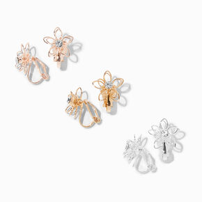 Mixed Metal Wire Flower Clip On Stud Earrings - 3 Pack,