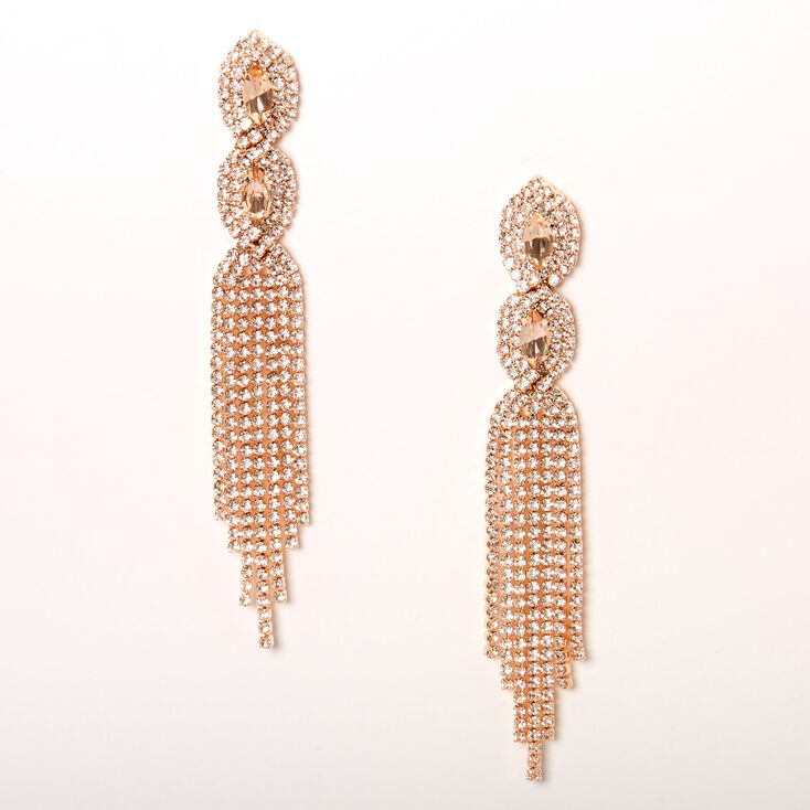 Rose Gold 4" Rhinestone Infinity Fringe Drop Earrings,