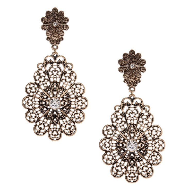 Vintage Style Large Bronze Filigree Drop Earrings,