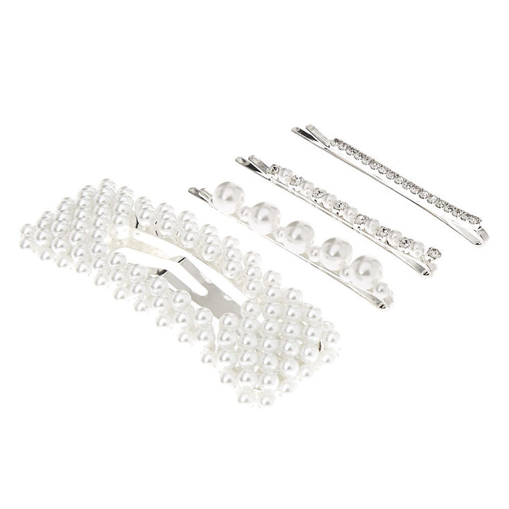 Silver Crystal Pearl Bobby Pins Snap Clip 4 Pack Icing Us