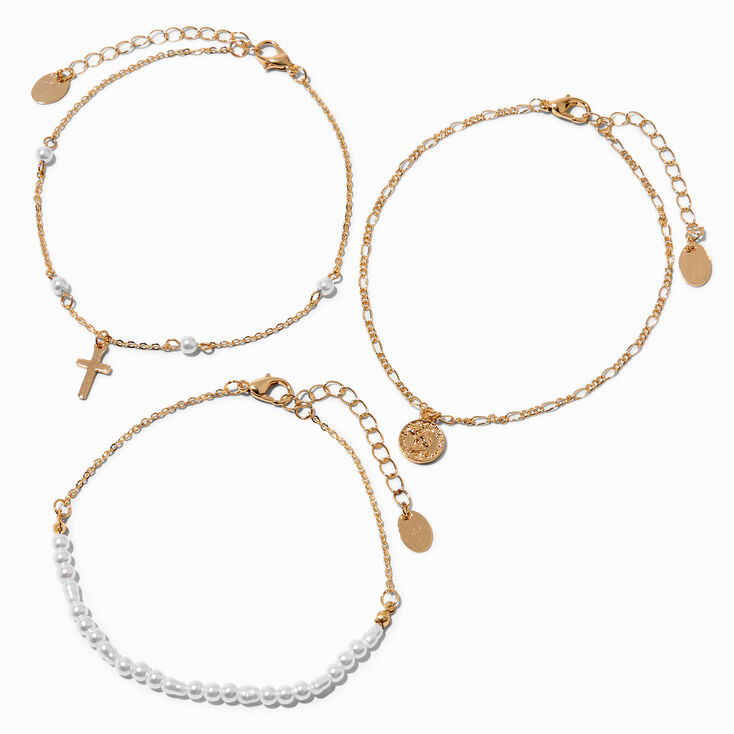 Gold Cross &amp; White Bead Chain Anklets - 3 Pack,