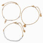 Gold Cross &amp; White Bead Chain Anklets - 3 Pack,