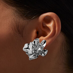 Silver-tone Crystal Dimensional Flower Stud Earrings,