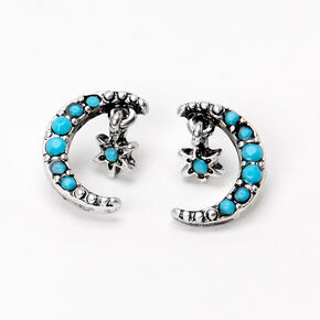 Silver Beaded Crescent Moon Star Stud Earrings - Turquoise,