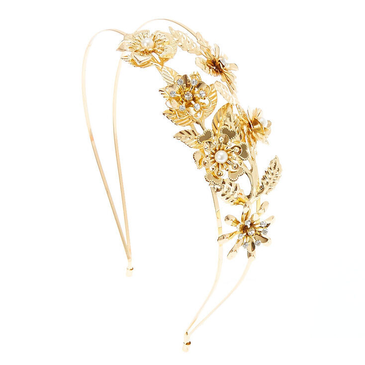 Gold Flowers & Leaves Double Row Headband,