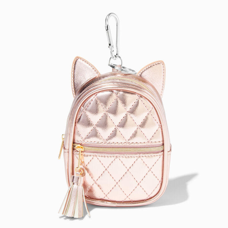 Metallic Rose Gold Cat Ears Mini Backpack Keychain,