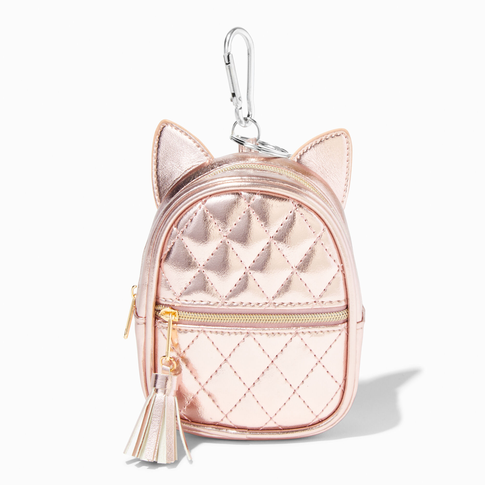 Metallic Rose Gold Cat Ears Mini Backpack Keyring