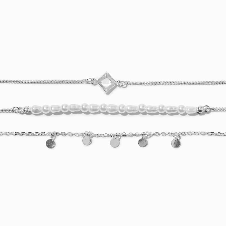 Silver Pearl Chain &amp; Wavy Cuff Bracelet Set - 4 Pack,
