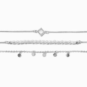 Silver Pearl Chain &amp; Wavy Cuff Bracelet Set - 4 Pack,