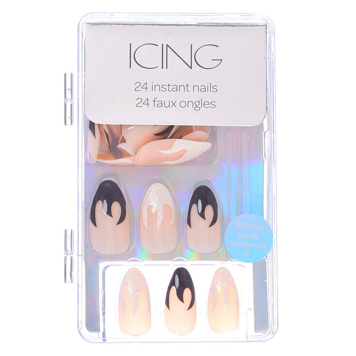 Black & White Flames Stiletto Faux Nail Set - 24 Pack,