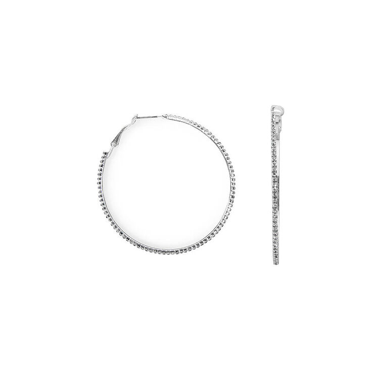 Thin Silver & Pavé Rhinestone Hoop Earrings,