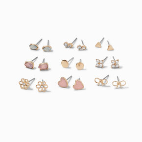 Gold-tone Romantic Pink Stud Earrings - 9 Pack,