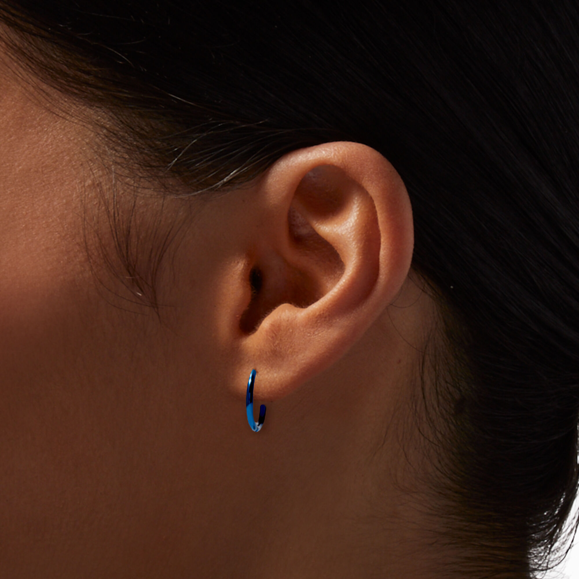Blue Baguette Crystal Huggie Hoop Earrings in Silver | Lisa Angel
