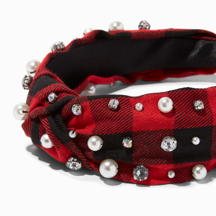 Red Buffalo Plaid Crystal &amp; Pearl Knotted Headband,