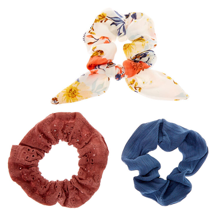 Dusty Floral Eyelet Hair Scrunchies - Ivory, 3 Pack,