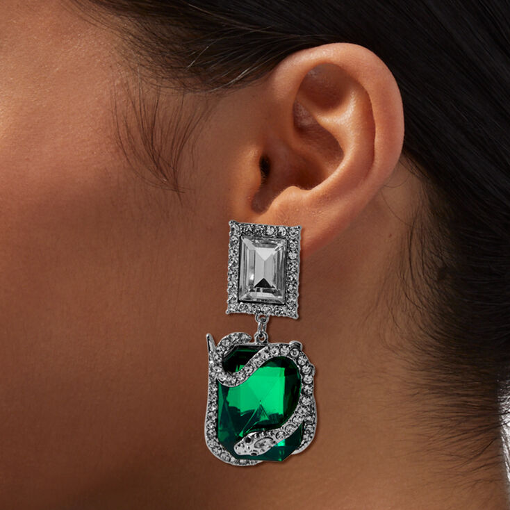 Silver-tone Snake-Wrapped Green Rhinestone 2&quot; Drop Earrings,