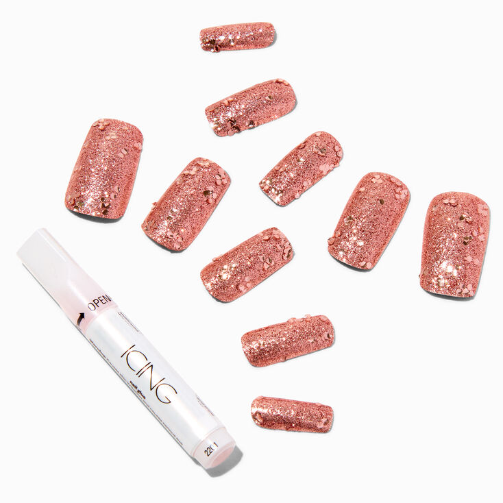 Rose Gold Glitter Long Square Vegan Faux Nail Set - 24 Pack,