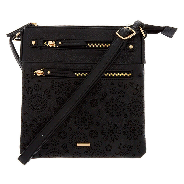 Filigree Cut Perforated Midi Crossbody Bag - Black,