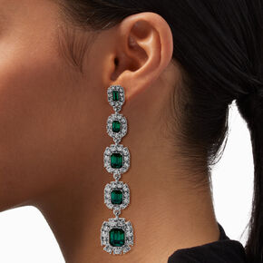 Silver-tone Emerald Green Crystal 3.5&quot; Drop Earrings,