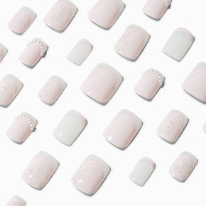 White Flower French Tip Square Vegan Faux Nail Set - 24 Pack,