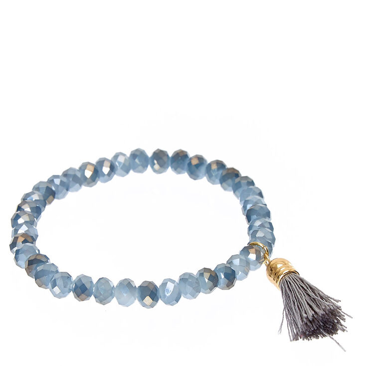 Gray Faceted Bead with Tassel Charm Stretch Bracelet,