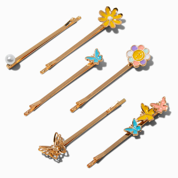 Butterflies &amp; Flowers Enamel Bobby Pins - 6 Pack,