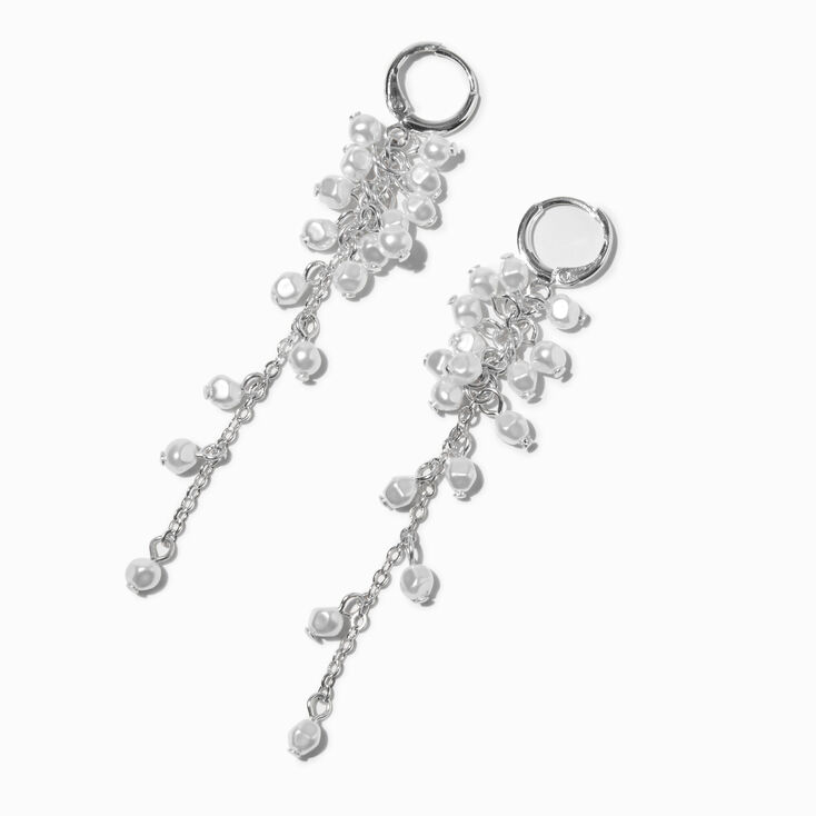 Pearl Confetti 3&quot; Silver Huggie Hoop Earrings,