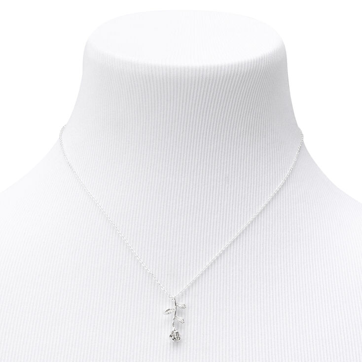 Long Stemmed Rose Pendant Necklace - Silver,