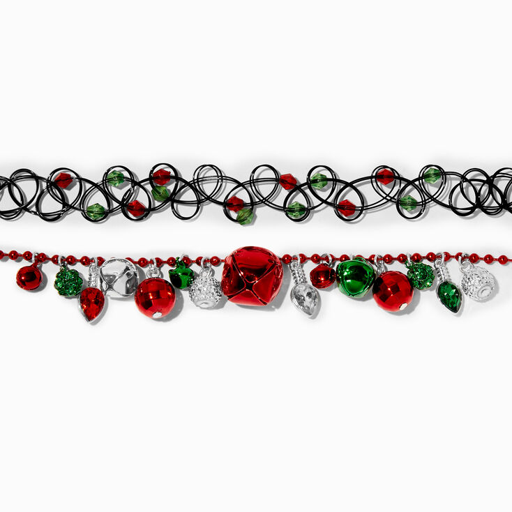 Red &amp; Green Jingle Bells Choker Necklace Set - 2 Pack,