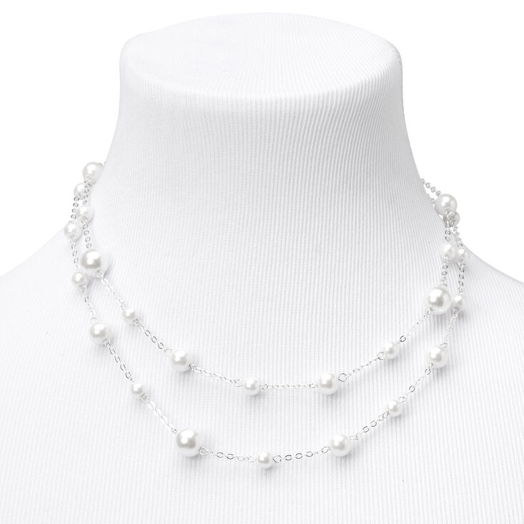 Silver Layered Pearl Multi Strand Necklace,