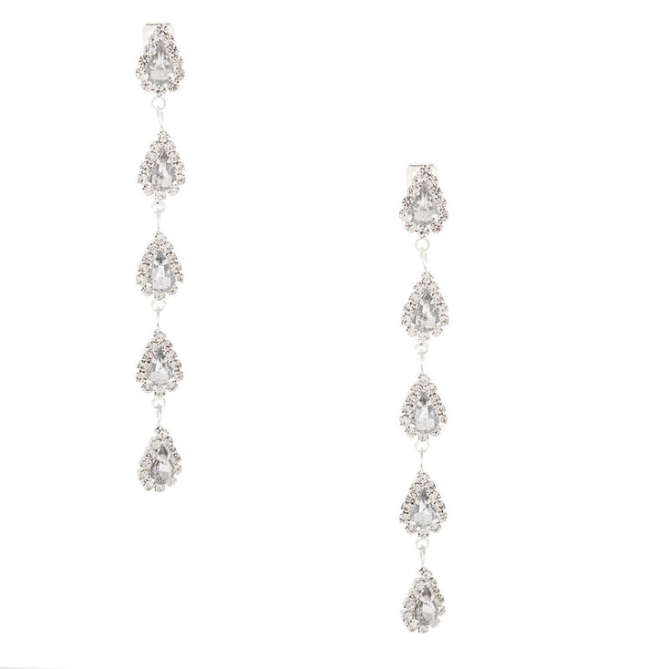 Silver 3" Tear Drop Halo Clip On Drop Earrings,