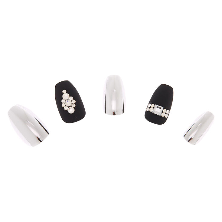 Metallic Bling Faux Nail Set - Black, 24 Pack,