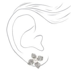 Silver Pearl &amp; Crystal Flower Stud Earrings,