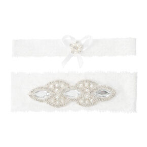 Embellished Lace Bridal Garters - White, 2 Pack,