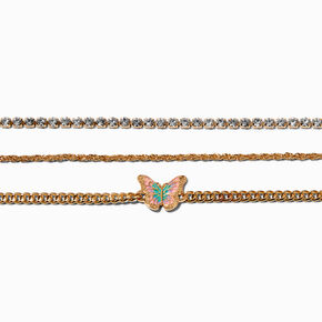 Gold-tone Crystal Butterfly Choker Necklaces - 3 Pack ,