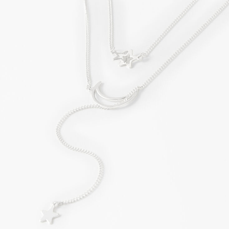 Silver Cut Out Moon &amp; Star Y-Neck Multi Strand Necklace,