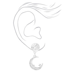 Silver 1&quot; Yin Yang Crescent Moon Celestial Clip On Drop Earrings,