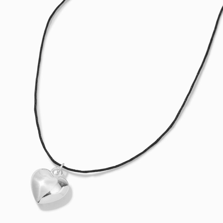 Puffy Silver-tone Heart Black Cord Pendant Necklace,
