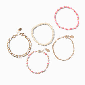 Gold-tone Pink &amp; Orange Beaded Bracelet Set - 5 Pack ,