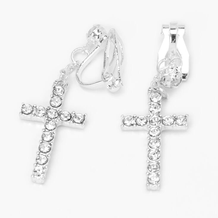 Silver Embellished Cross Clip On Stud Earrings,