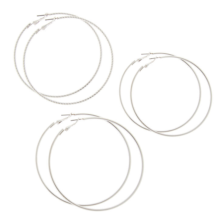 70MM, 75MM & 80MM Silver Polished & Laser Cut Hoop Earrings Set of 3,