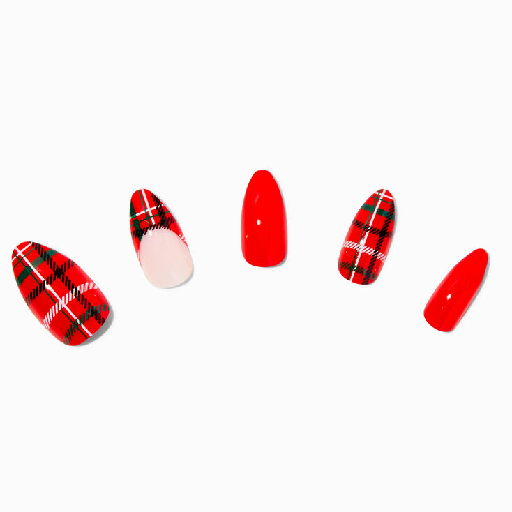 Red Plaid Tip Stiletto Vegan Faux Nail Set - 24 Pack,