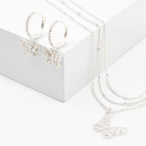 Silver Cubic Zirconia Textured Butterfly Jewelry Set - 2 Pack,