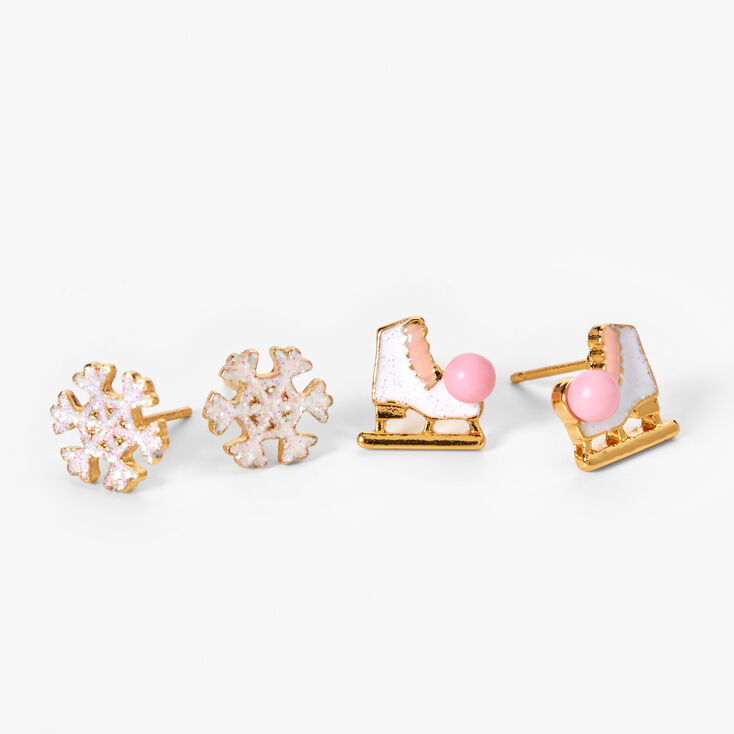 18kt Gold Plated Snowflakes and Ice Skates Stud Earrings - 2 Pack,