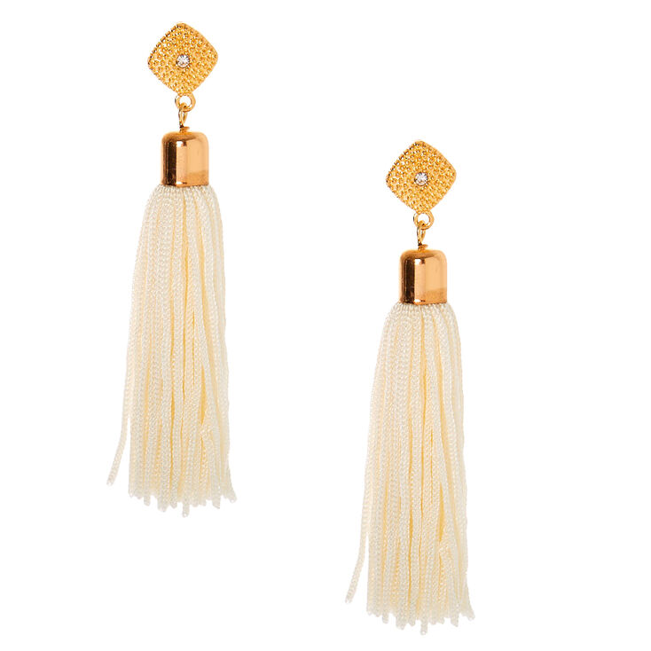 Gold 3" Tassel Drop Earrings - White,