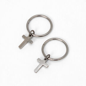 Silver Titanium 10MM Cross Hoop Earrings,