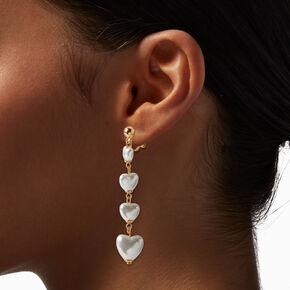 Gold-tone Puffy Heart Pearl Linear Clip-On Earrings,