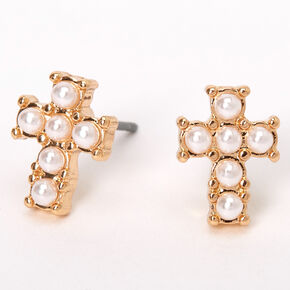 Gold Pearl Cross Stud Earrings,