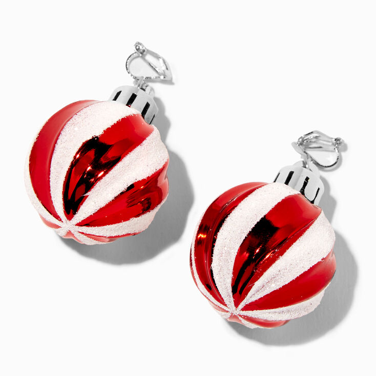 Striped Christmas Ornament 2&#39;&#39; Clip-On Drop Earrings,